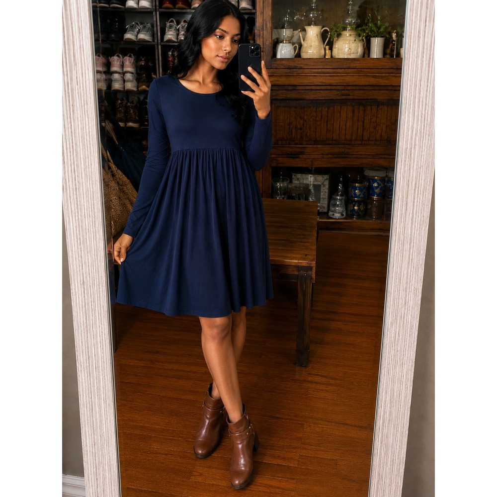 DB Moon Women Medium Navy Blue Long Sleeve Empire Waist Pocket Midi‎ Dress